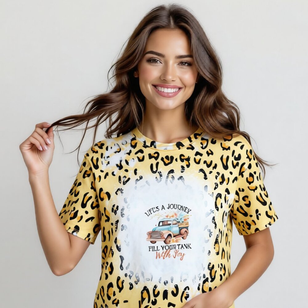 Women's Yellow Black Poly Life's a Journey Vintage Truck Print T-Shirt NWOT L